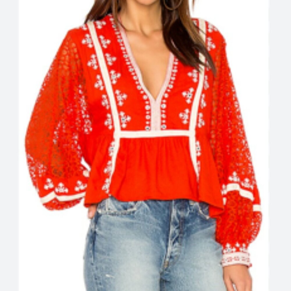 Free Preople Boogie Billowy Lace Sleeves All Night Top